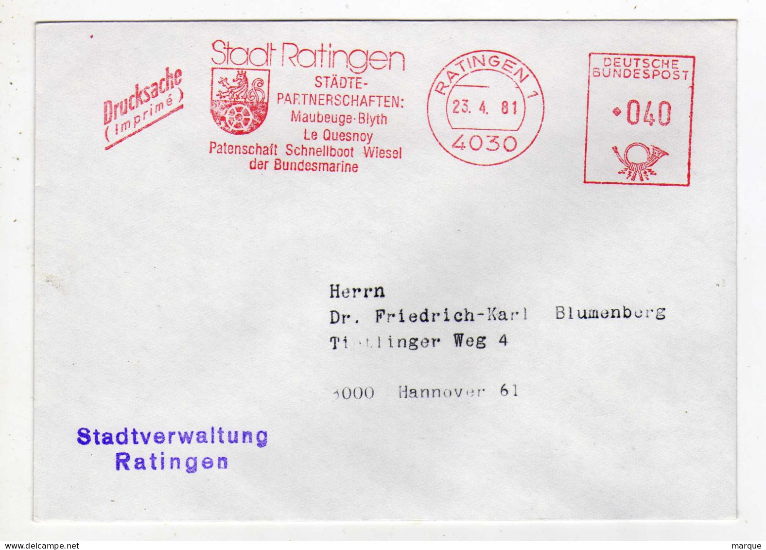 Enveloppe ALLEMAGNE DEUTSCHE POST Oblitération E.M.A. RATINGEN 1 23/04/1981 - Frankeermachines (EMA)