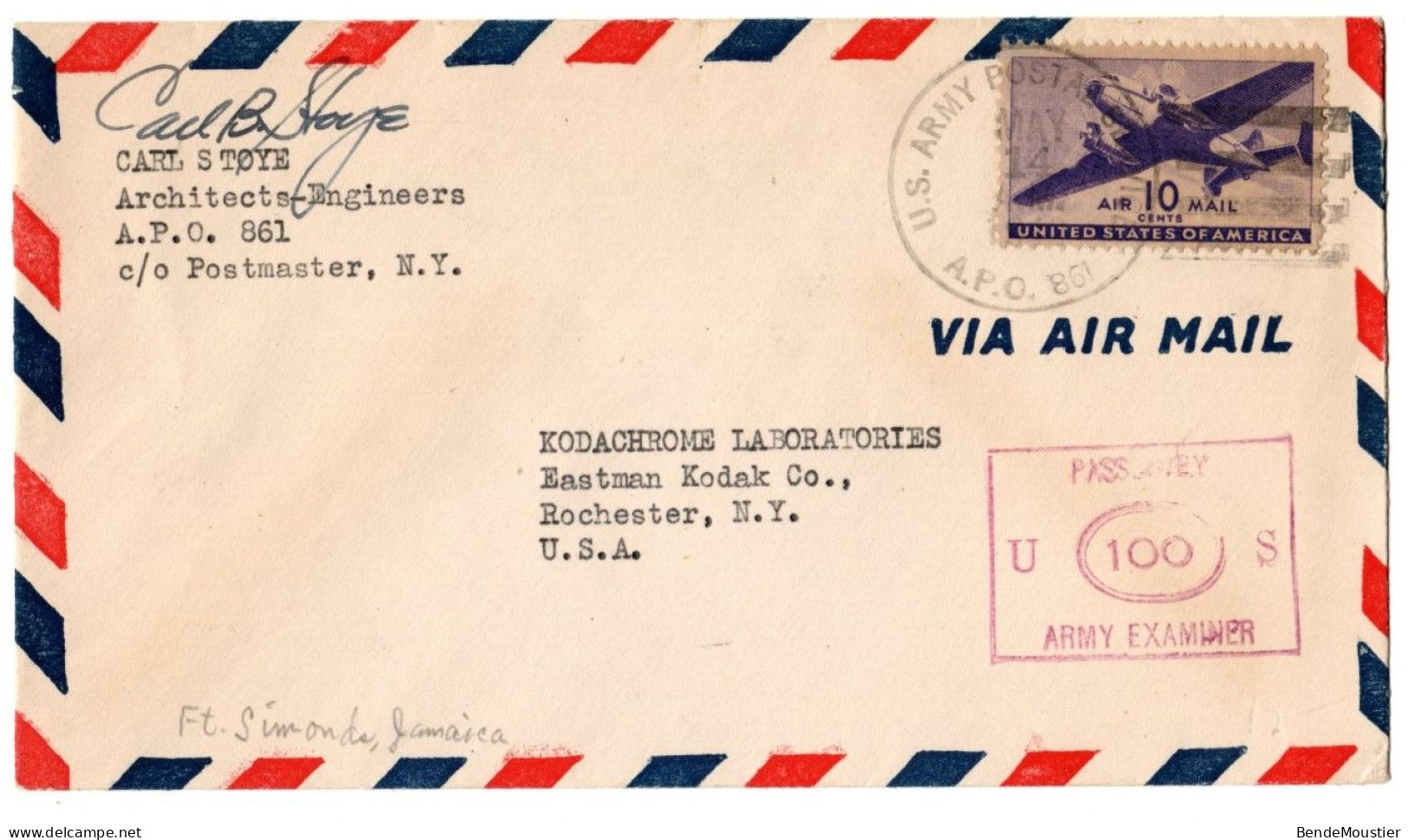 (R137) SCOTT # C 27 - Kodakhrome Laboratories  Eastman Kodak Co - Rochester N.Y. - Army Examiner - A.P.O. 861 - 1941. - 2c. 1941-1960 Lettres