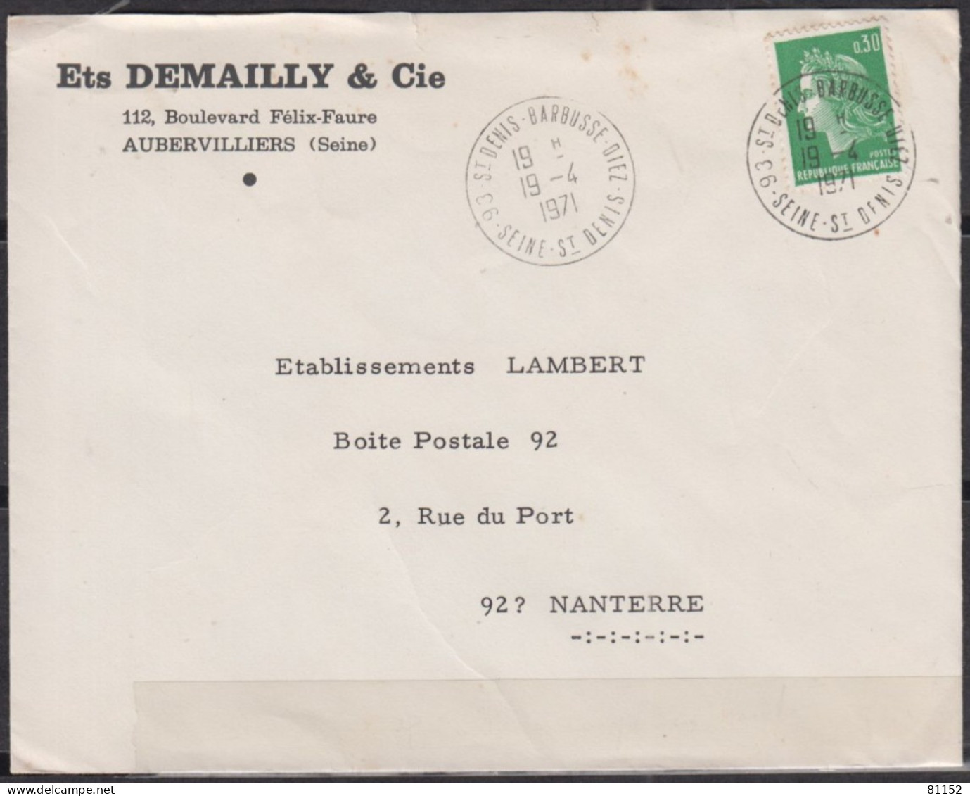 Lettre Pub  De  AUBERVILLIERS  Le 19 4 1971 Postée à 93 ST DENIS Avec Mne De CHEFFER 30c - 1967-1970 Marianne Of Cheffer