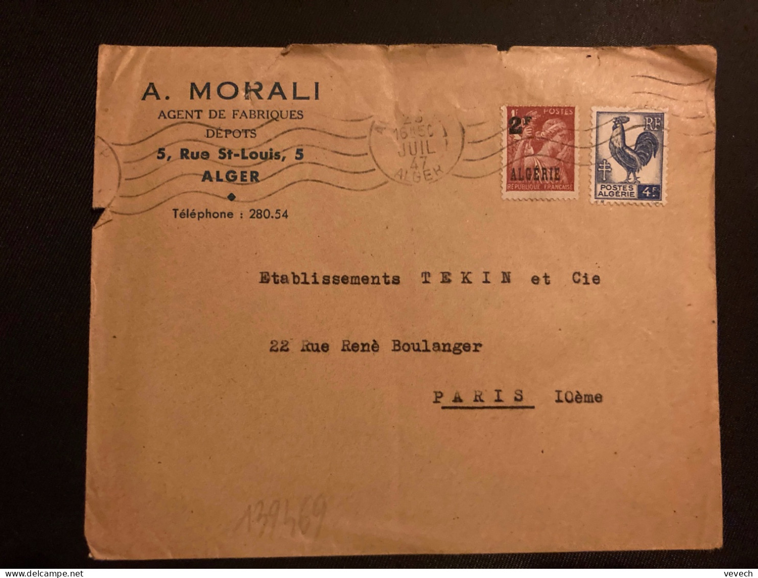 LETTRE A MORALI TP IRIS 1F50 Surchargé 2F ALGERIE + COQ D'ALGER 4F OBL.MEC.26 JUIL 47 ALGER RP Pour La FRANCE - 1944 Gallo E Marianna Di Algeri