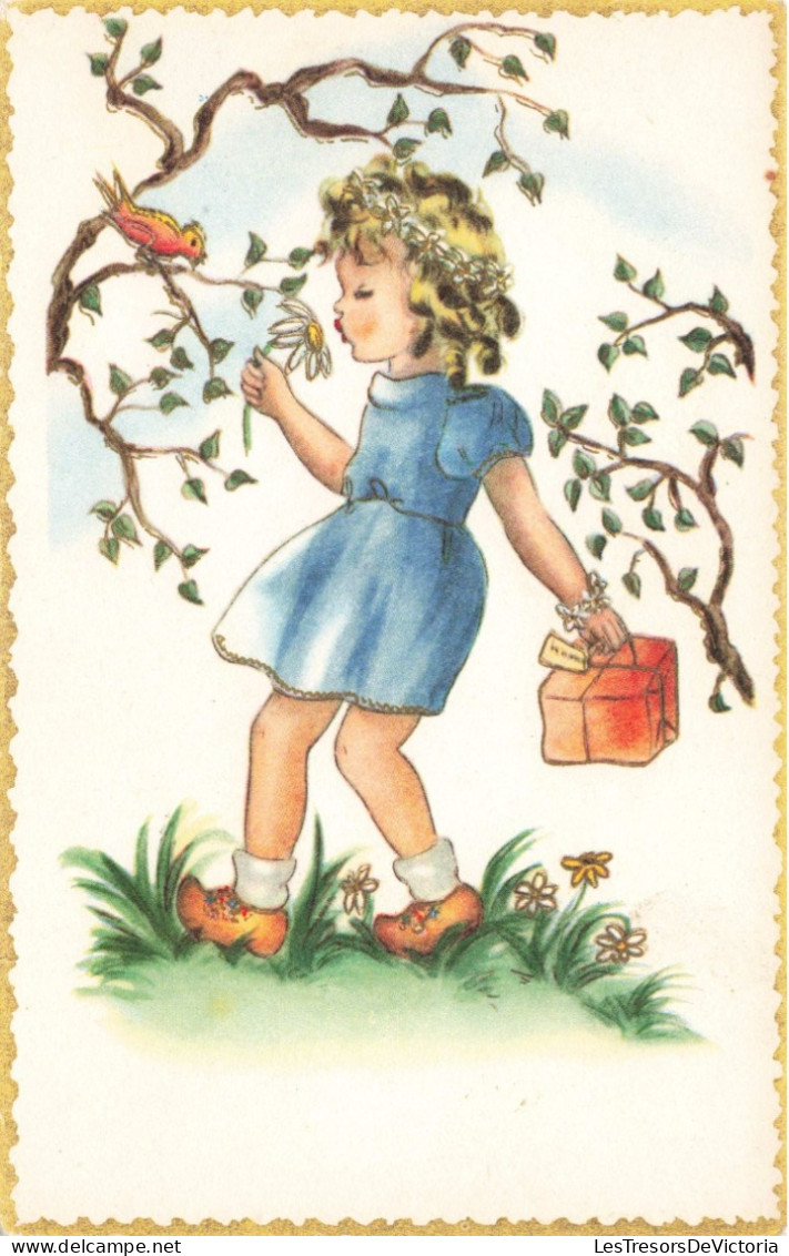 ILLUSTRATION - Pteite Fille Humant Une Fleur - Oiseau - Colis - Carte Postale Ancienne - Before 1900