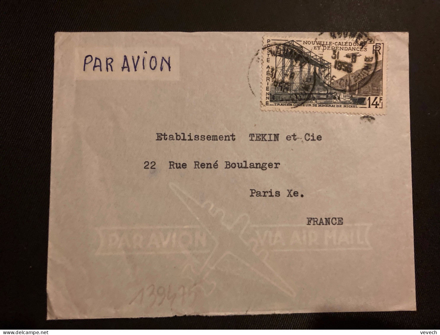 LETTRE Par Avion Pour La FRANCE TP TRANSBORDEUR DE MINERAI DE NICKEL 14F OBL.31-8 1956 NOUMEA - Briefe U. Dokumente