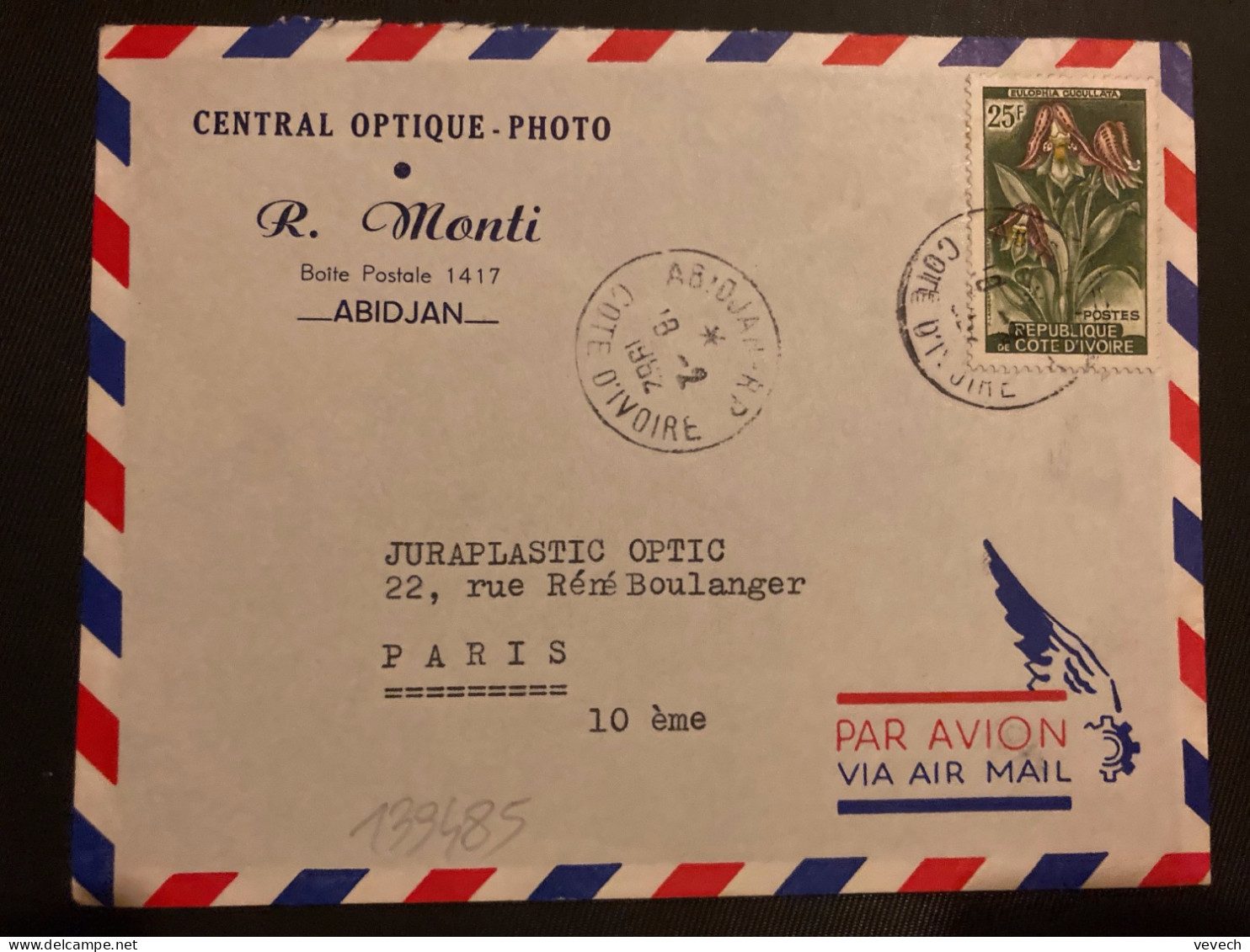 LETTRE Par Avion Pour La FRANCE TP EULOPHIA CUCULLATA 25F OBL.18-2 1962 ABIDJAN RP + CENTRAL OPTIQUE PHOTO R MONTI - Côte D'Ivoire (1960-...)