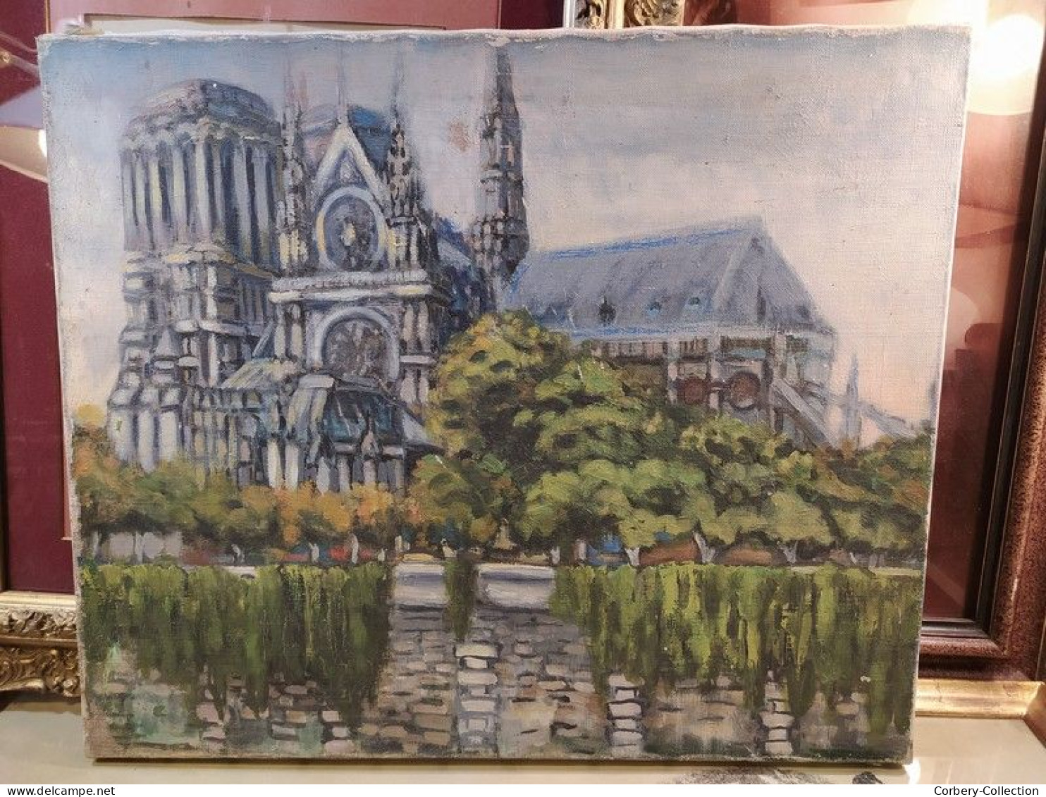 Ancien Tableau Cathédrale Notre-Dame De Paris Impressionniste - Huiles