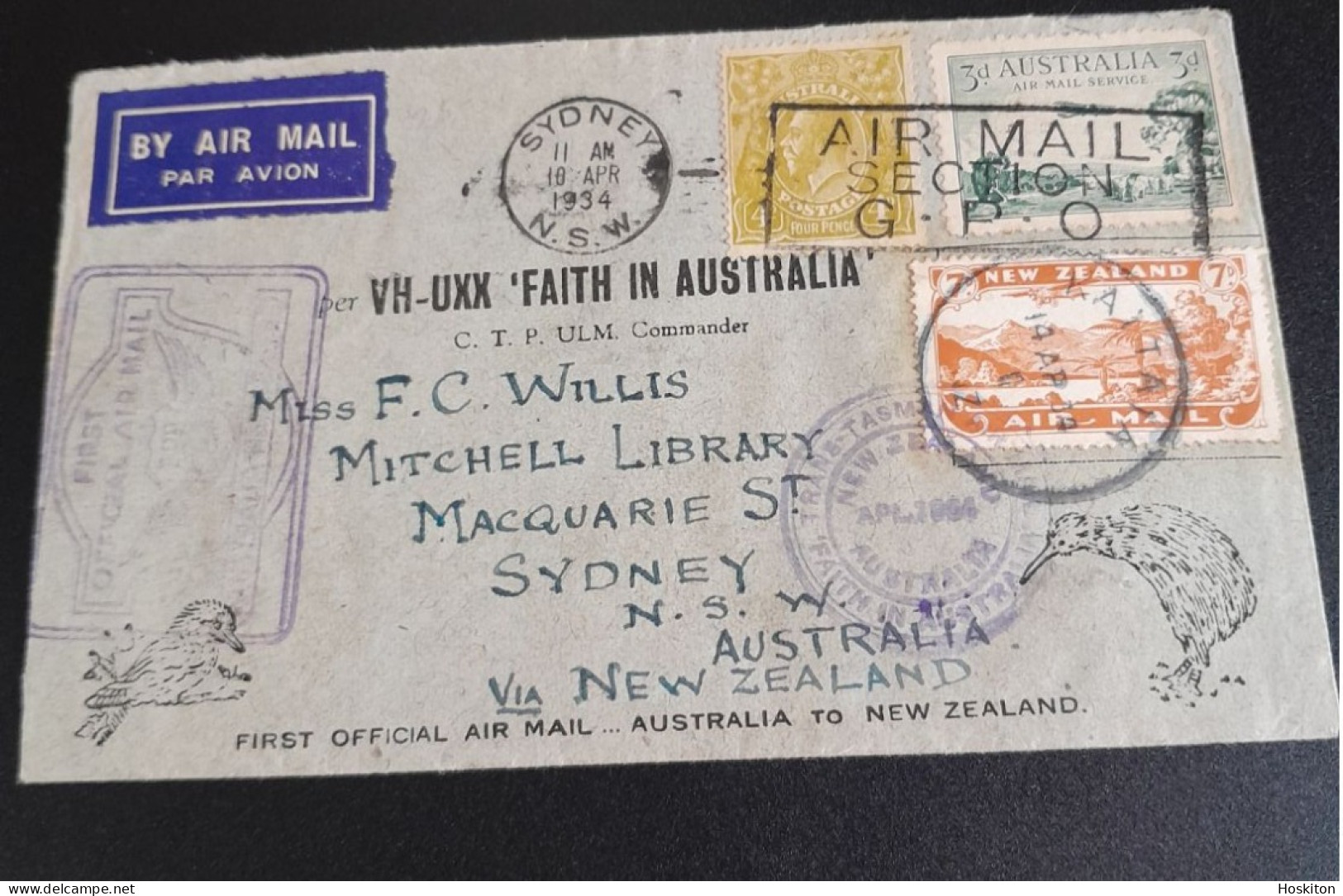 14april 1934Kaitaia -Sydney Trans Tasman Flight VH-UXX "Faith In  Australia " - Cartas & Documentos