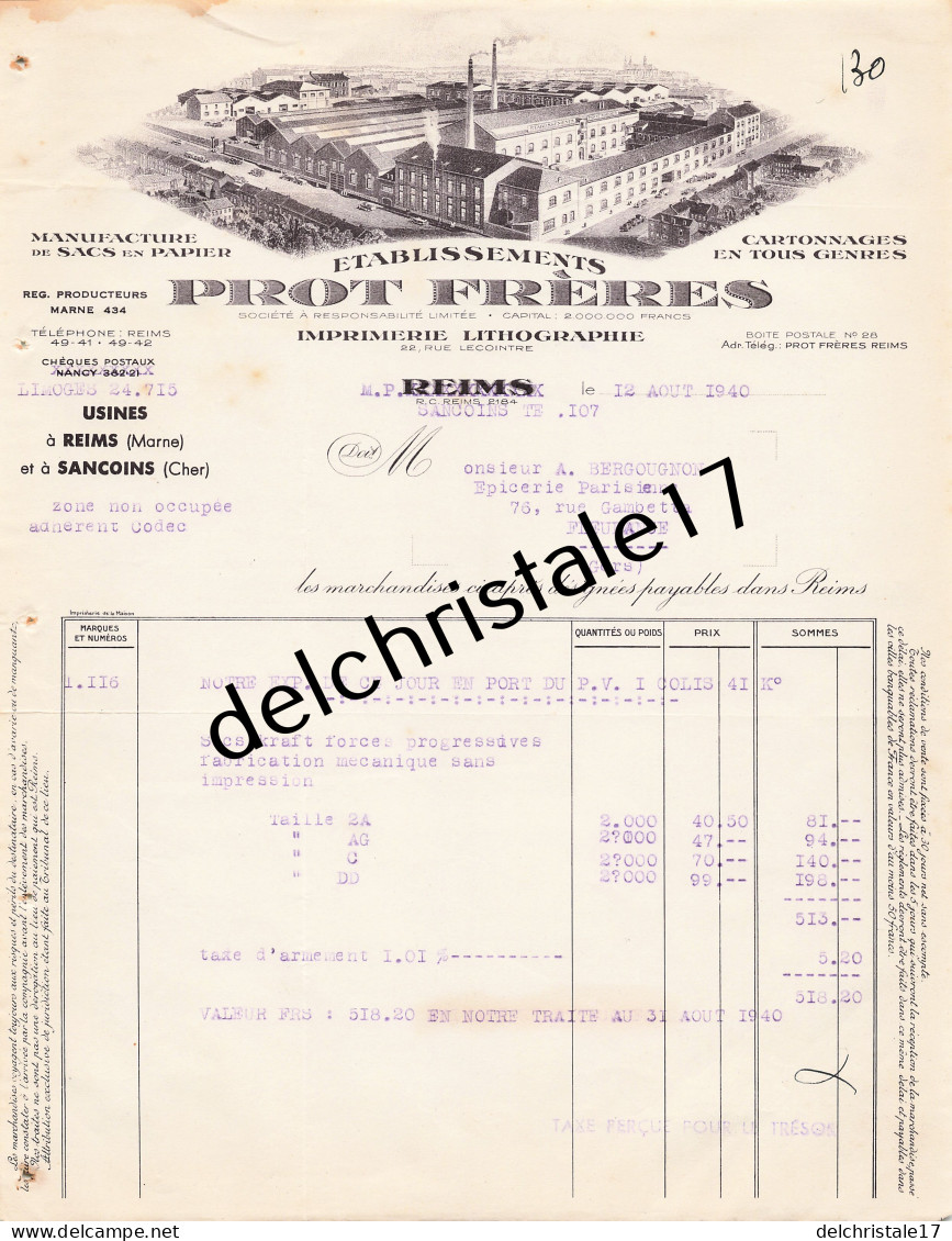 51 0059 REIMS MARNE 1940 Manufacture De Sacs En Papier Éts PROT Frères Imprimerie Lithgraphie Rue Lecointre à BERGOUGNON - Richmond