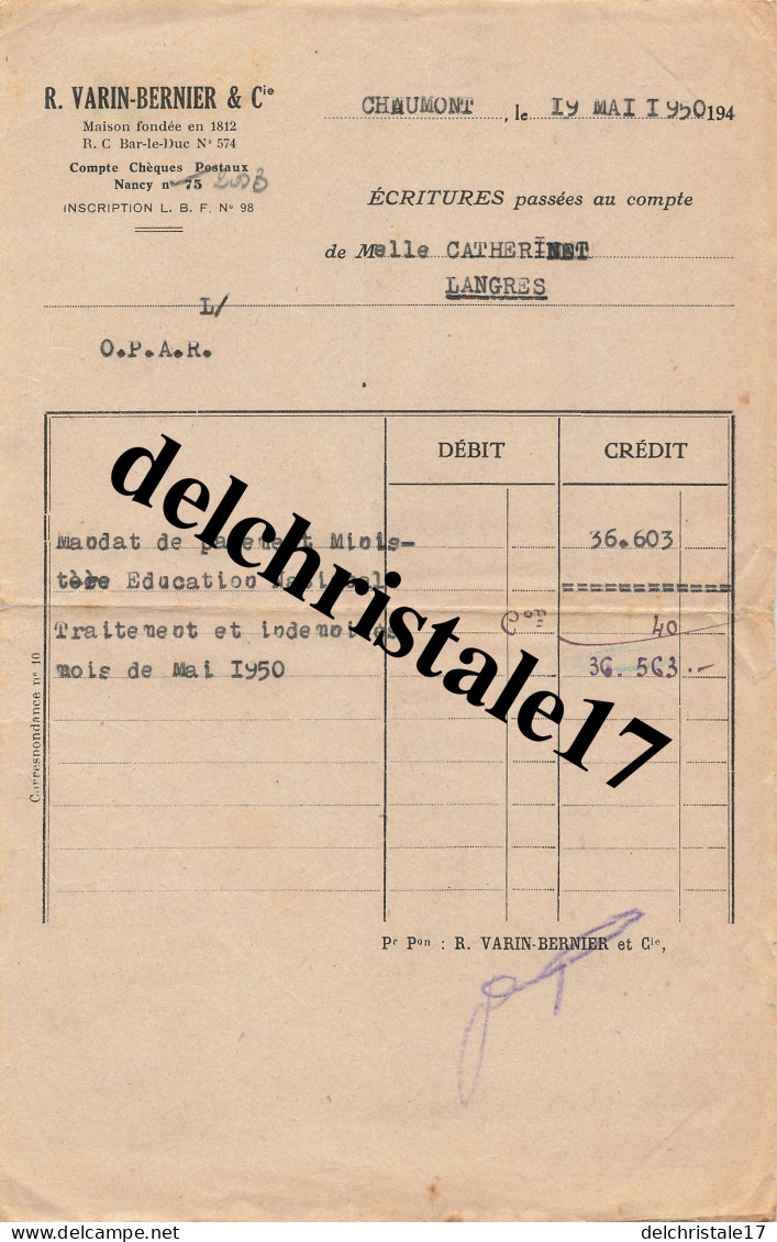 52 0010 CHAUMONT HTE-MARNE 1950 Éts R. VARIN-BERNIER & Cie ( Banque ) Écritures Passées Au Compte De Mlle CATHERINET - Bowling Green