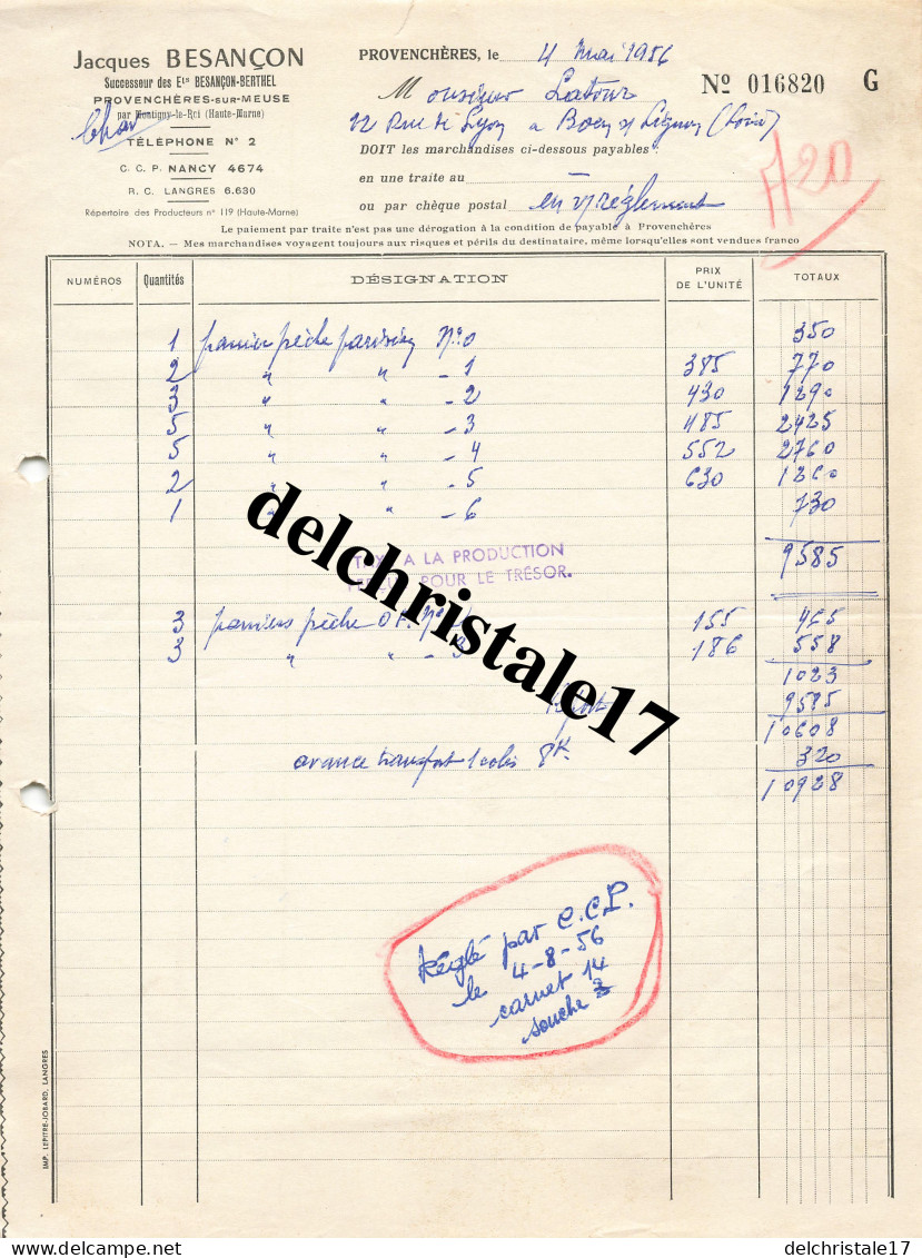 52 0008 PROVENCHÈRES HTE-MARNE 1956 Paniers De Pêche Parisien Éts J. BESANÇON Succ. Des Éts BESANÇON-BERTHEL à M. LATOUR - Vissen