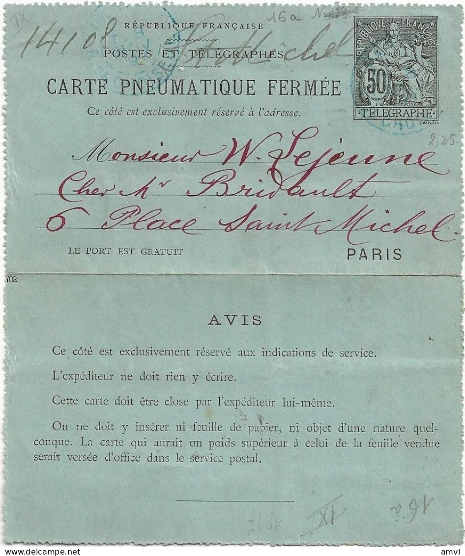 23-0754 Carte Pneumatique Fermée - 50 C. Type Chaplain 8 Novembre 1897 Vente Bicyclette - Pneumatiques