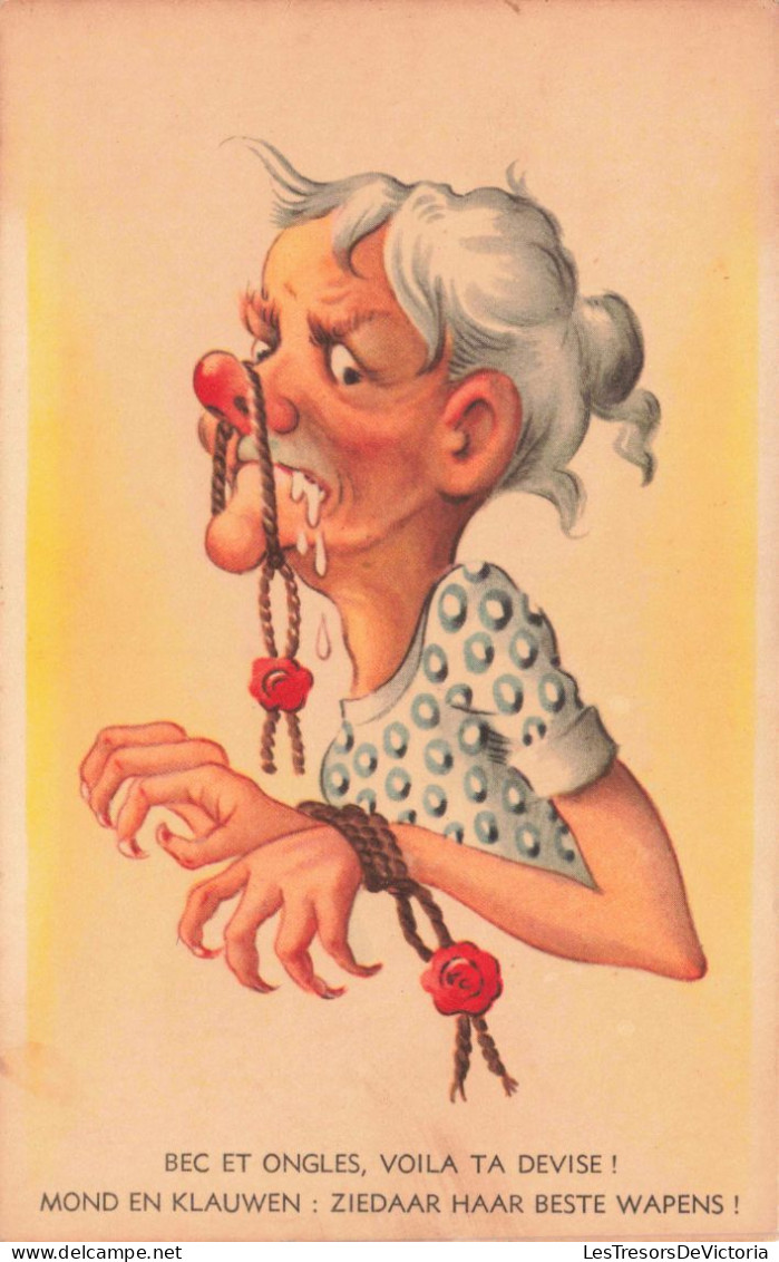 HUMOUR - Bec Et Ongles, Voilà Ta Devise - Une Femme âgée Avec Les Mains Et La Bouche Attachées - Carte Postale Ancienne - Humour