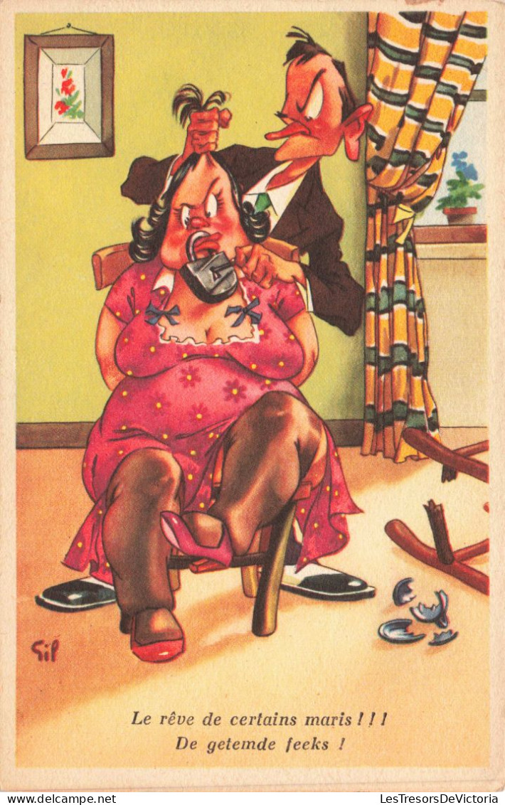 HUMOUR - Le Rêve De Certains Maris - Un Mari Cadenassant La Bouche De Sa Femme - Carte Postale Ancienne - Humour