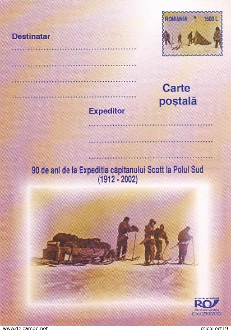 SOUTH POLE, CAPTAIN SCOTT ANTARCTIC EXPEDITION, POSTCARD STATIONERY, 2002, ROMANIA - Expéditions Antarctiques