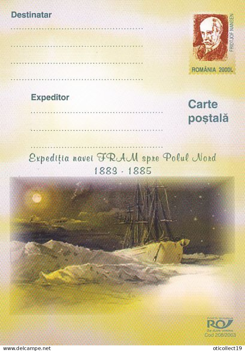 NORTH POLE, FRAM SHIP ARCTIC EXPEDITION, FRIDTJOF NANSEN, POSTCARD STATIONERY, 2003, ROMANIA - Arctische Expedities