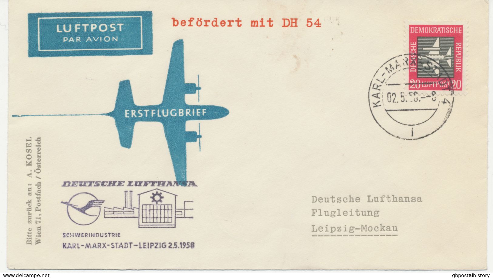 DDR 2.5.1958, Erstflug Der Deutsche Lufthansa Ost „KARL-MARX-STADT – LEIPZIG“ (HLII/44 / Hab.2596) - Airmail