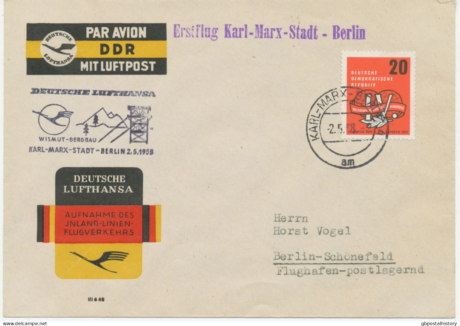 DDR 2.5.1958, Erstflug Der Deutsche Lufthansa Ost „KARL-MARX-STADT – BERLIN“ (HLII/42 / Hab.2594) - Posta Aerea