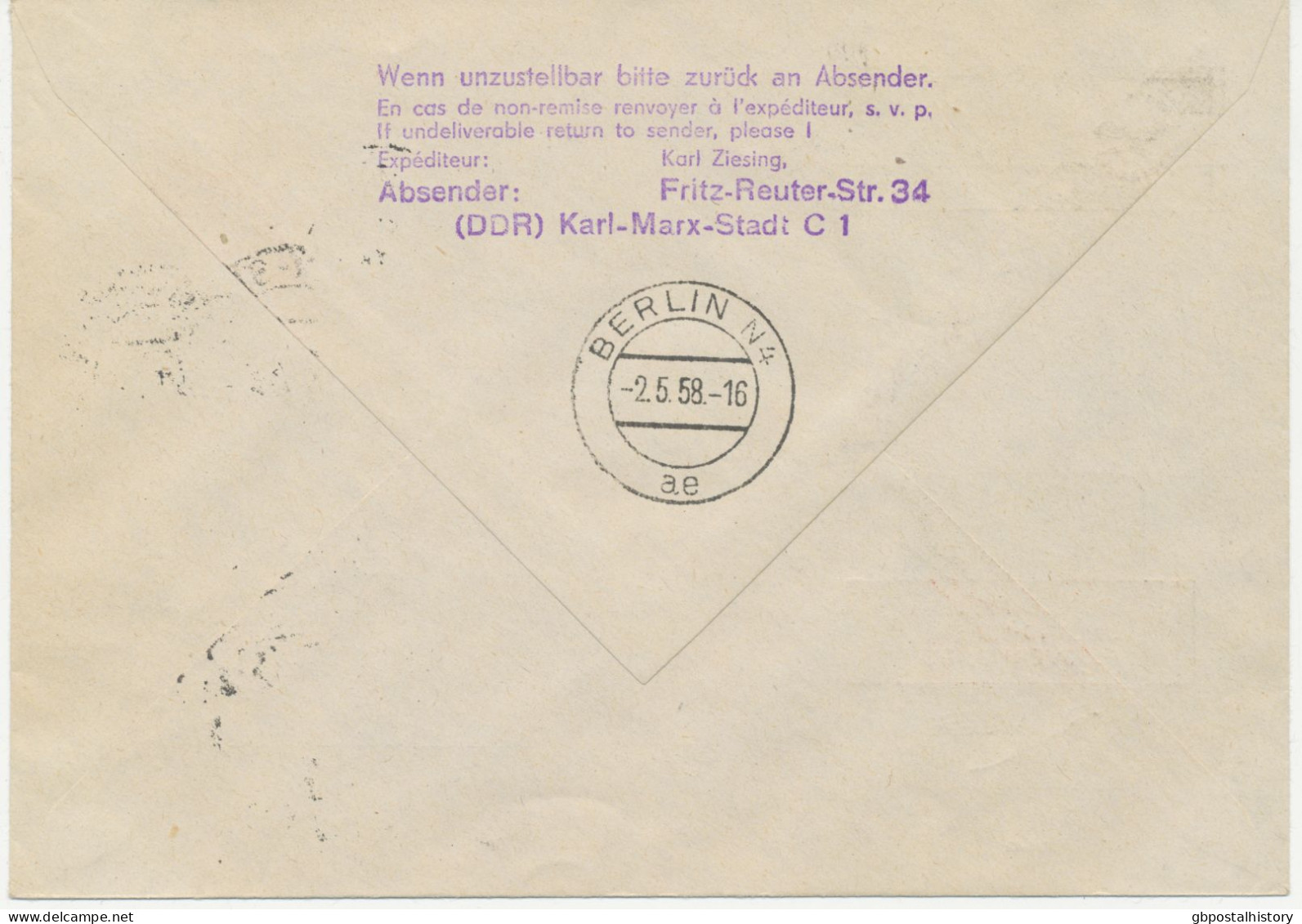 DDR 2.5.1958, Erstflug Der Deutsche Lufthansa Ost „KARL-MARX-STADT – BERLIN“ (HLII/42 / Hab.2594) - Airmail