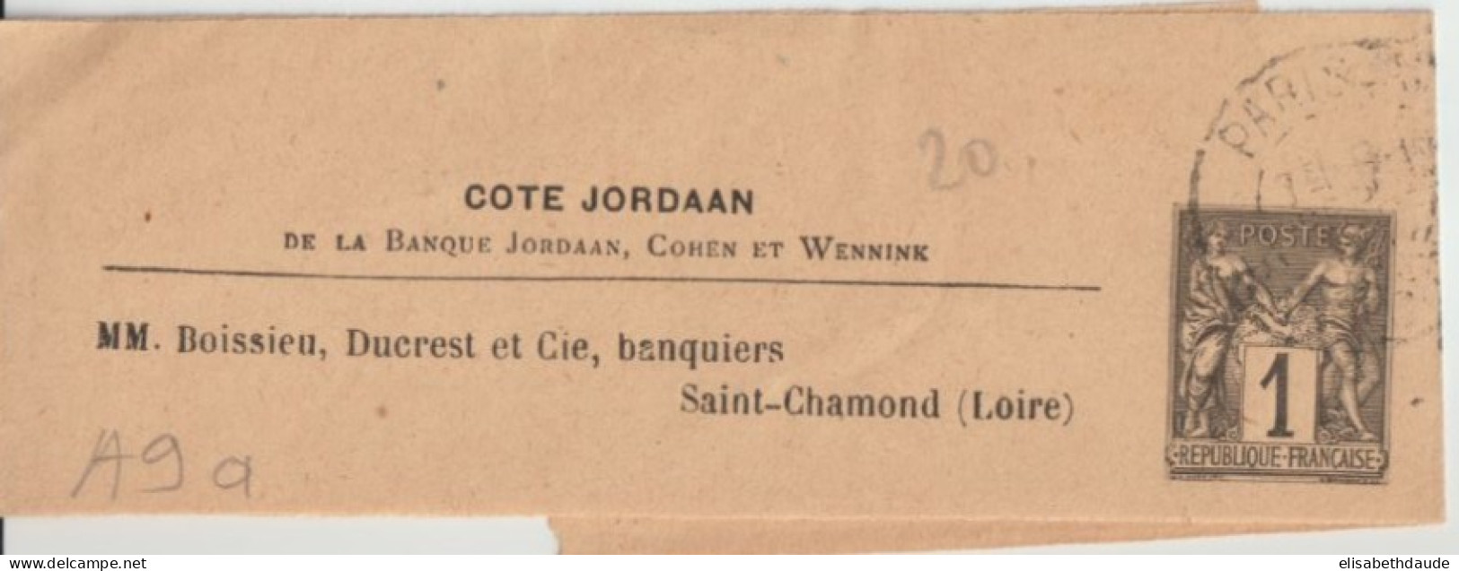 1897 - TYPE SAGE - BANDE ENTIER REPIQUAGE PRIVE ! BANQUE JORDAAN PARIS => SAINT CHAMOND (LOIRE) - Wikkels Voor Tijdschriften