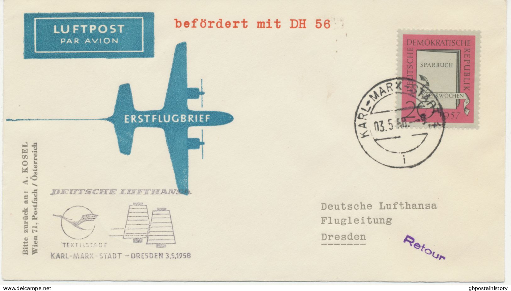 DDR 3.5.1958, Erstflug Der Deutsche Lufthansa Ost „KARL-MARX-STADT – DRESDEN“ (HLII/46 / Hab.2595) - Correo Aéreo