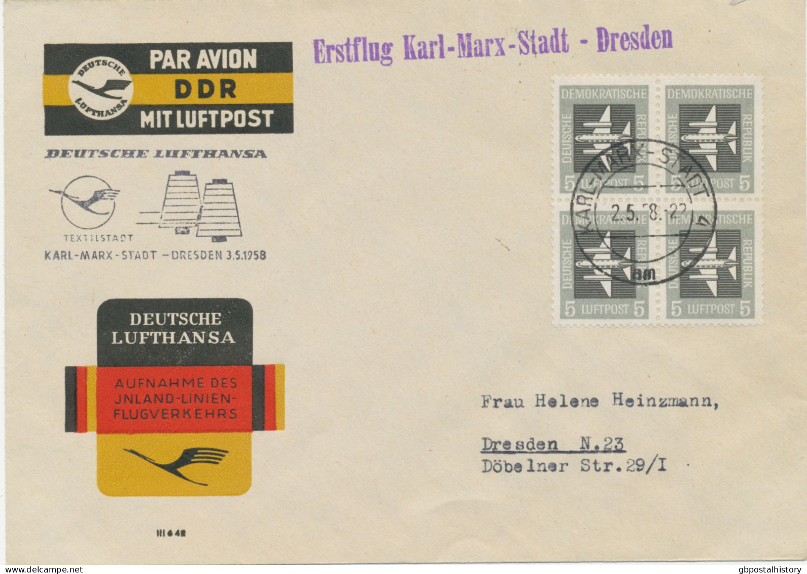 DDR 3.5.1958, Erstflug Der Deutsche Lufthansa Ost „KARL-MARX-STADT – DRESDEN“ Frankiert Mit Selt. MeF-Viererblock (HLII/ - Luftpost