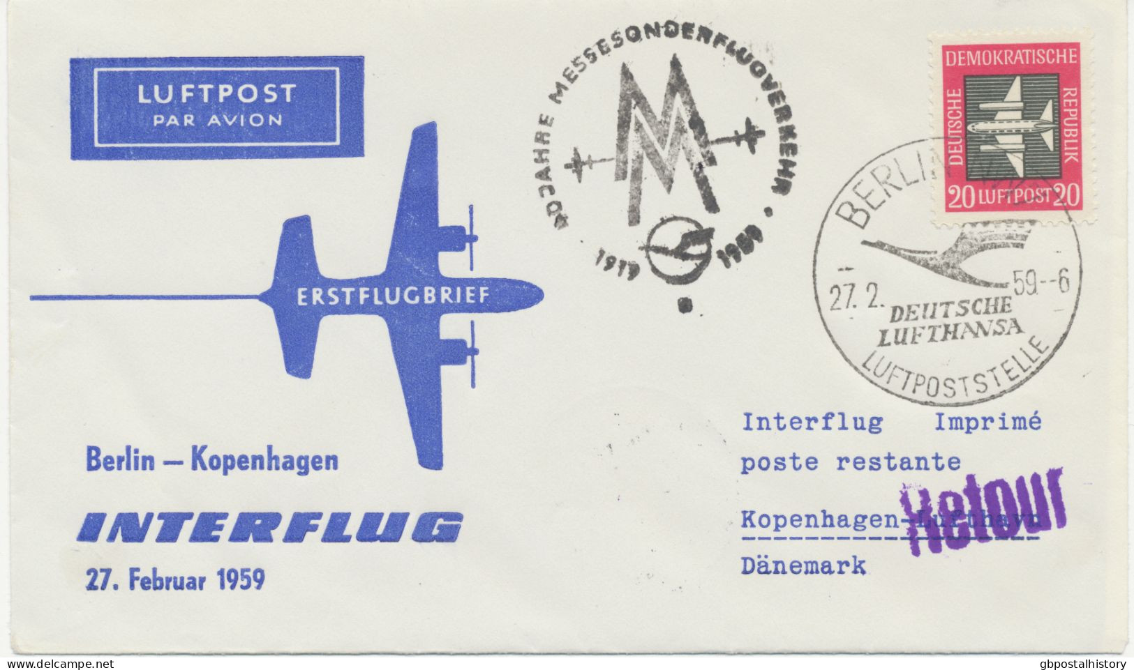 DDR 27.2.1959, Leipziger Frühjahrs-Messe INTERFLUG Messe-Erstflug „BERLIN – KOPENHAGEN“ (HLIII/1) - Posta Aerea