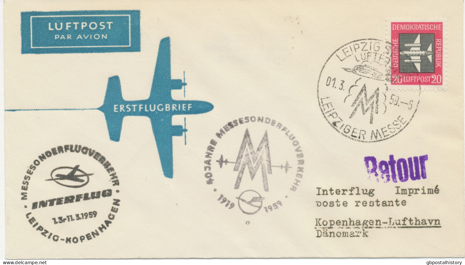 DDR 1.3.1959, Leipziger Frühjahrs-Messe INTERFLUG   Messe-Erstflug „LEIPZIG – KOPENHAGEN“ (HLIII/3) - Airmail