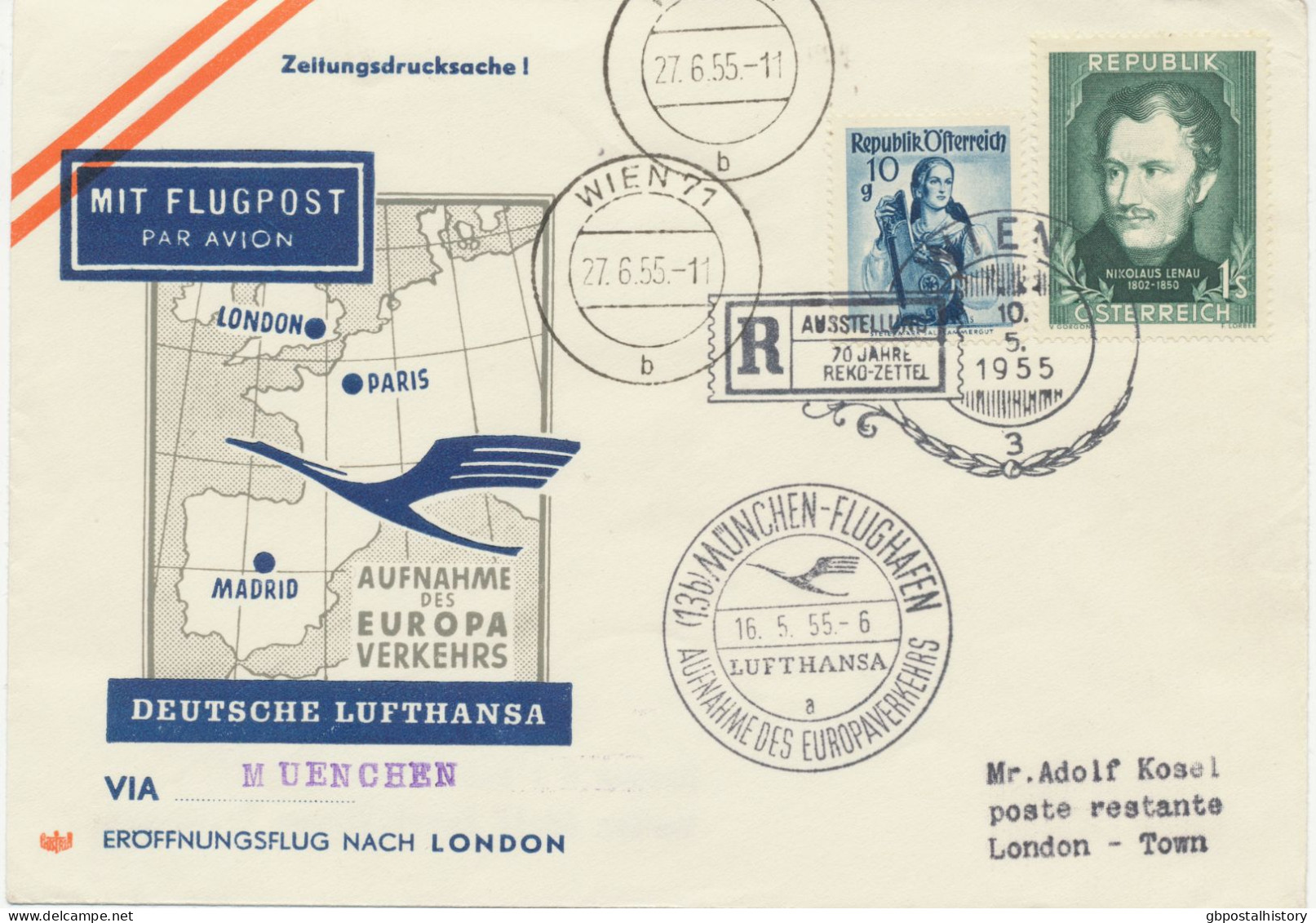 ÖSTERREICH 16.5.1955, Erstflug Deutsche Lufthansa – Aufnahme Des Europaverkehrs Mit Convair CV-340 „MÜNCHEN – LONDON“ - Premiers Vols