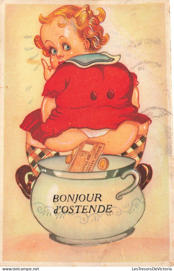Fantaisies - Carte Système - Bonjour D'Ostende - Enfant Sur Le Pot - Carte Postale Ancienne - Dreh- Und Zugkarten