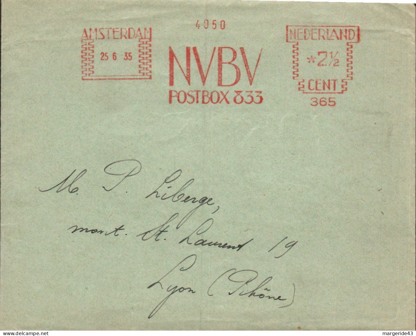 PAYS BAS EMA NVBV AMSTERDAM 1935 SUR LETTRE POUR LA FRANCE - Franking Machines (EMA)