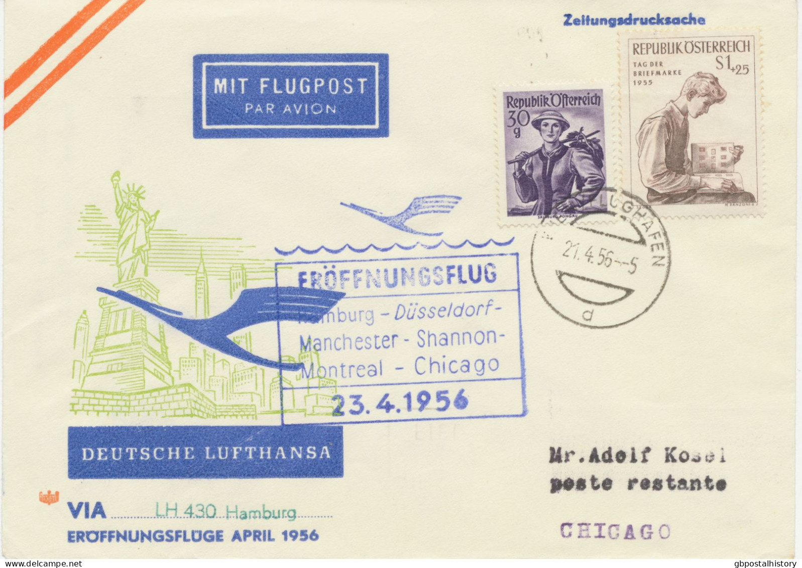 ÖSTERREICH 1956, Erstflug Deutsche Lufthansa Mit Superconstellation über Shannon/Irland Nach USA “HAMBURG – CHICAGO" - Eerste Vluchten