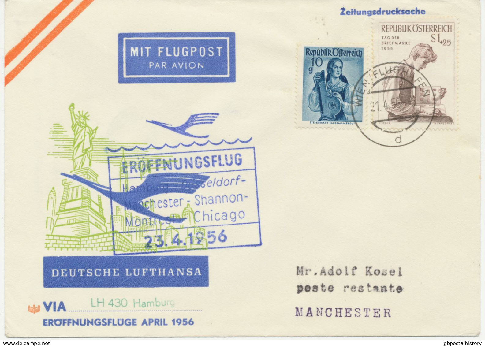 ÖSTERREICH 23.4.1956, Erstflug Deutsche Lufthansa Mit Superconstellation “HAMBURG – MANCHESTER“ Selt. MITLÄUFERPOST Aus - Primi Voli