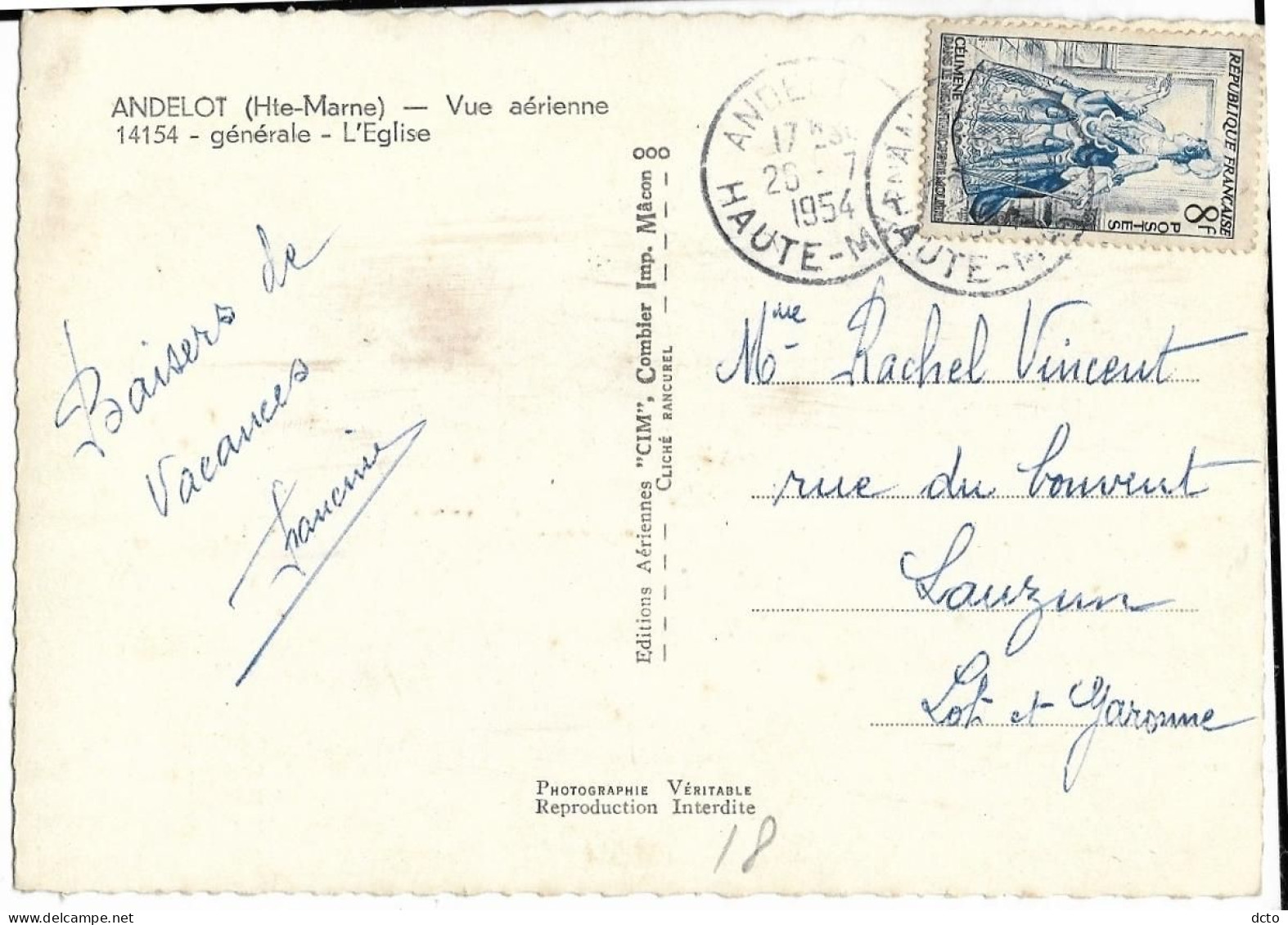 ANDELOT (52) Vue Aérienne Générale Eglise Cim 14154, Cpsm GF, Envoi 1954 - Andelot Blancheville