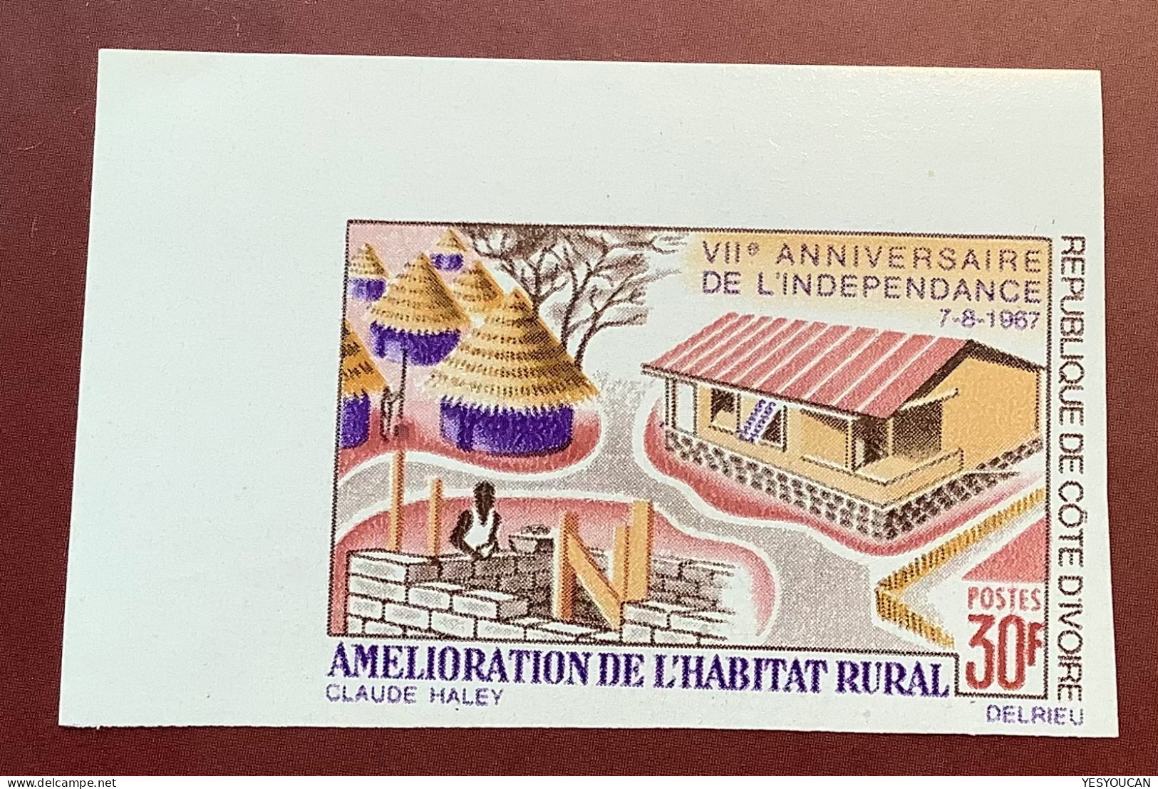 1967 YT 264 NON DENTELÉ ** 30f AMÉLIORATION DE L‘ HABITAT RURAL + INDÉPENDANCE (Côte D‘ Ivoire MNH Imperf Houses - Costa De Marfil (1960-...)