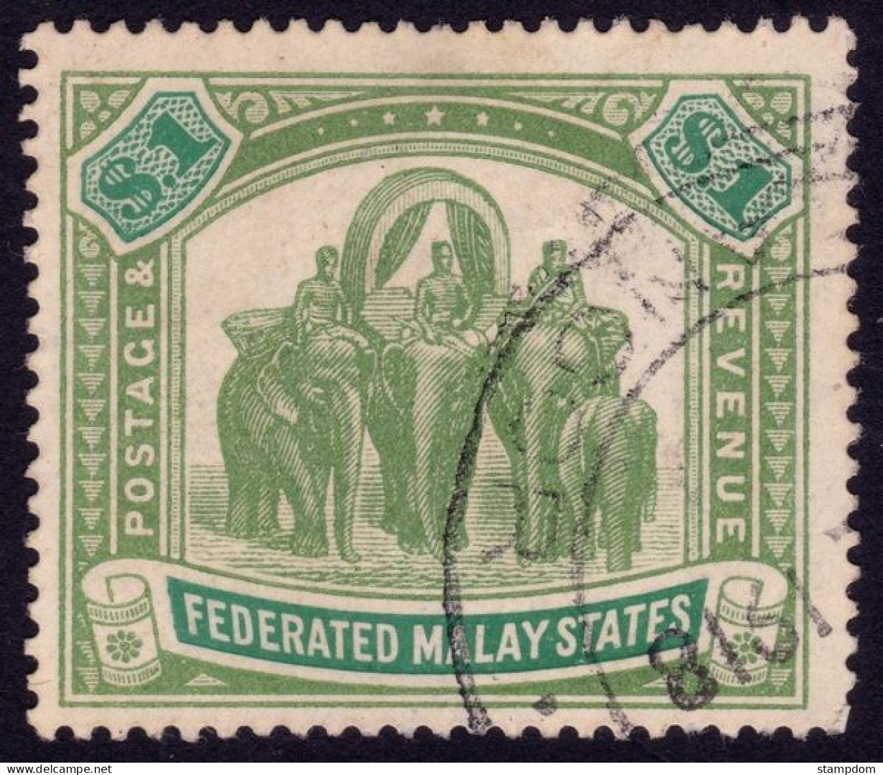 FEDERATED MALAY STATES FMS 1907 $1 Wmk.MCA Sc#34 - USED Fiscal Cancel @TE230 - Federated Malay States