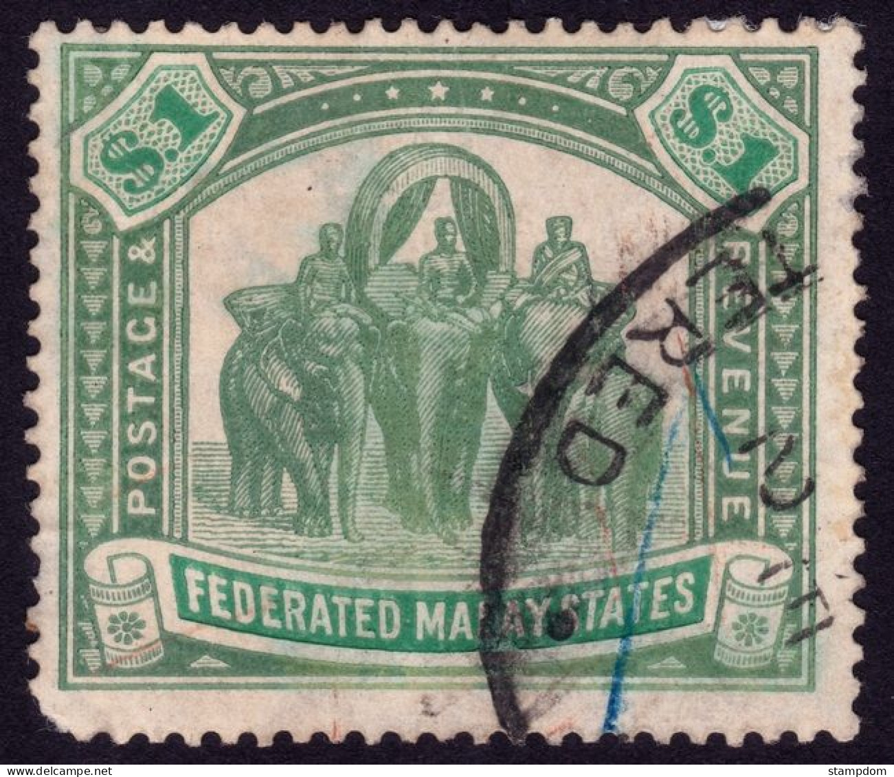FEDERATED MALAY STATES FMS 1907 $1 Wmk.MCA Sc#34 - USED - Short Corne Perf  @TE237 - Federated Malay States