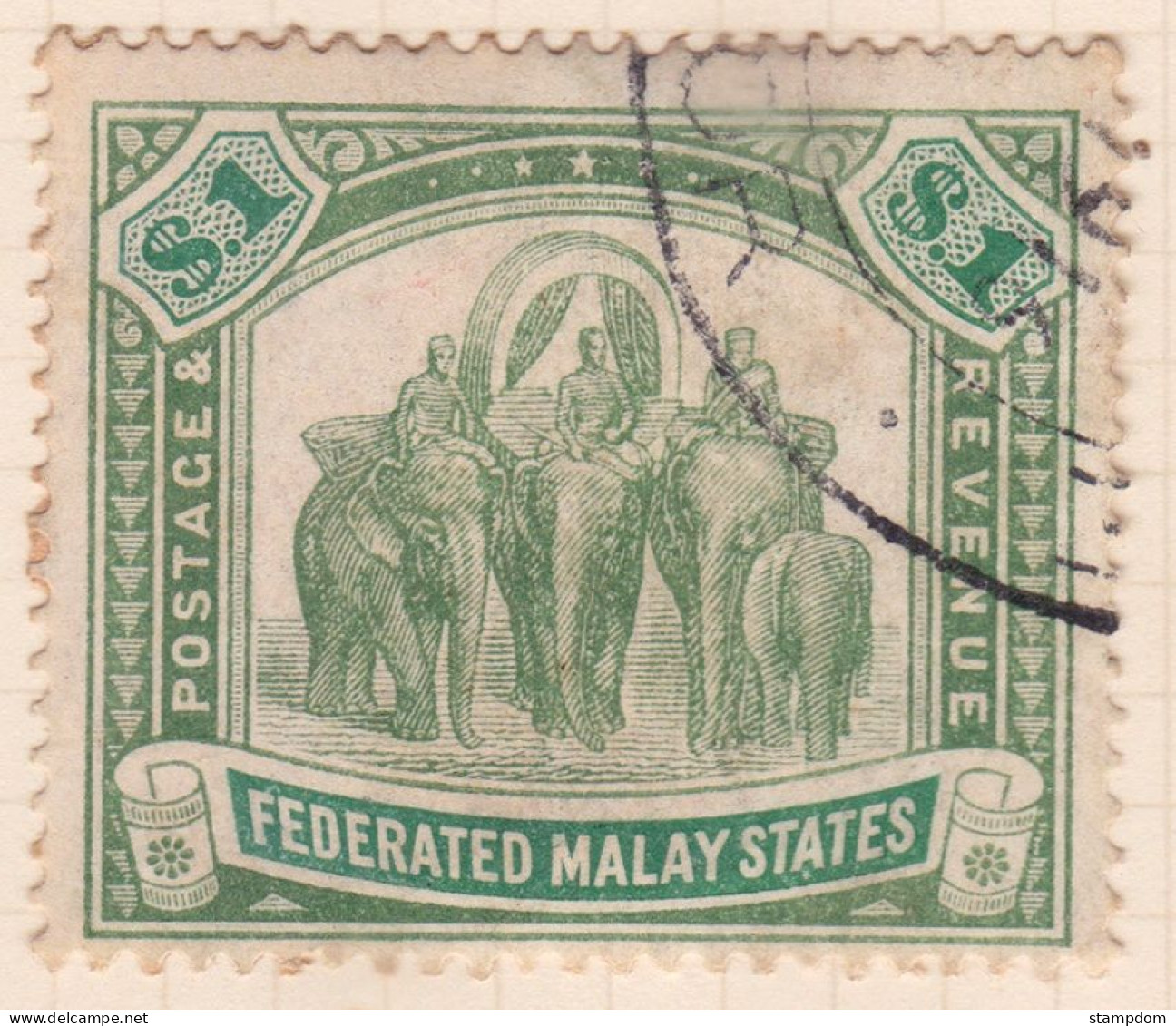 FEDERATED MALAY STATES FMS 1907 $1 Wmk.MCA Sc#34 - USED Fiscal Cancel / Paper Stuck To Back @TE239 - Federated Malay States