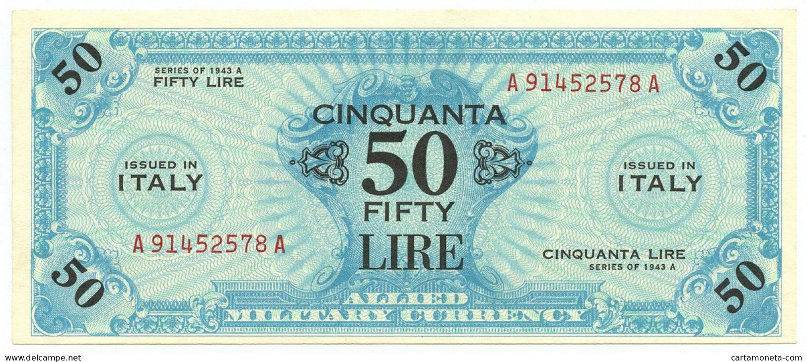 50 LIRE OCCUPAZIONE AMERICANA IN ITALIA BILINGUE FLC A-A 1943 A SPL+ - Occupazione Alleata Seconda Guerra Mondiale