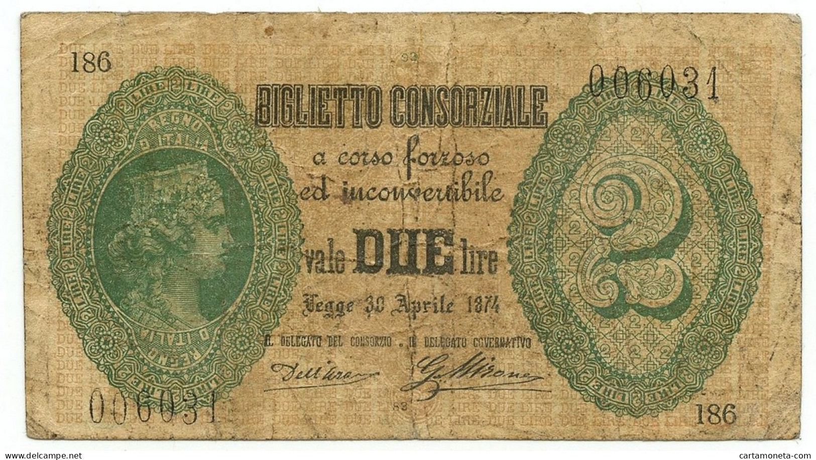 2 LIRE BIGLIETTO CONSORZIALE REGNO D'ITALIA 30/04/1874 QBB - Biglietti Consorziale