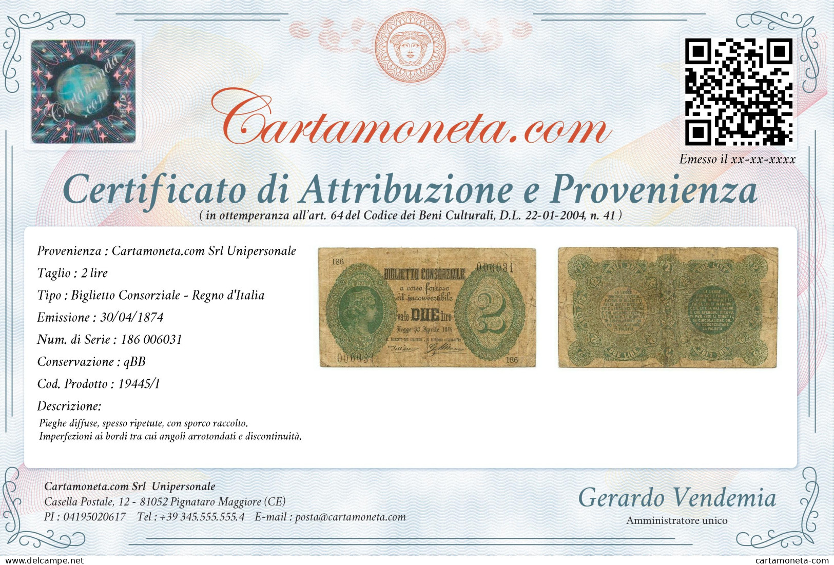 2 LIRE BIGLIETTO CONSORZIALE REGNO D'ITALIA 30/04/1874 QBB - Biglietto Consorziale