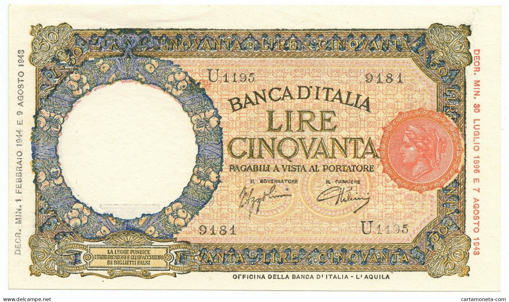 50 LIRE CAPRANESI LUPA CAPITOLINA MARG. STRETTO RETRO BI RSI 01/02/1944 SPL+ - Regno D'Italia - Altri