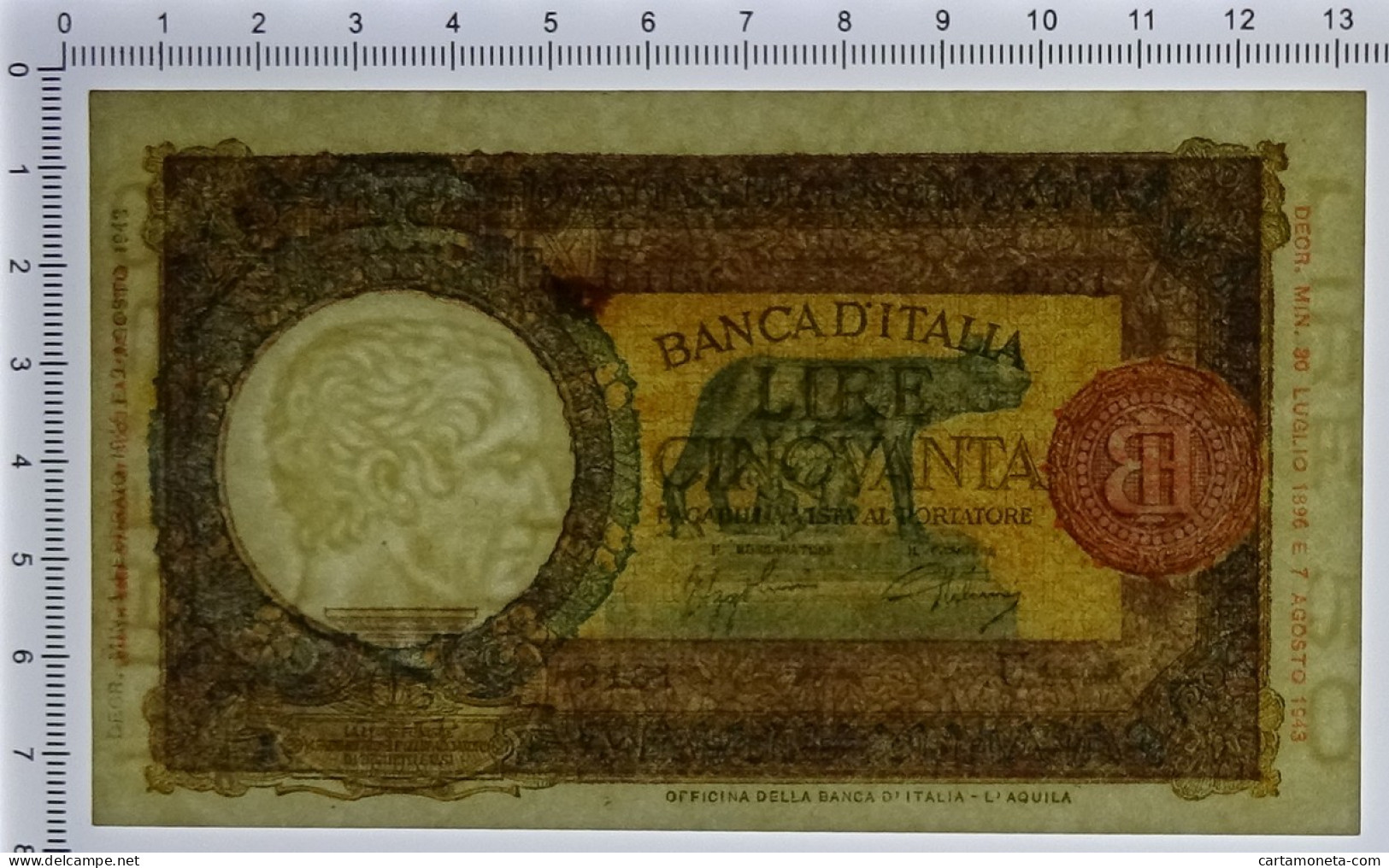 50 LIRE CAPRANESI LUPA CAPITOLINA MARG. STRETTO RETRO BI RSI 01/02/1944 SPL+ - Regno D'Italia – Autres