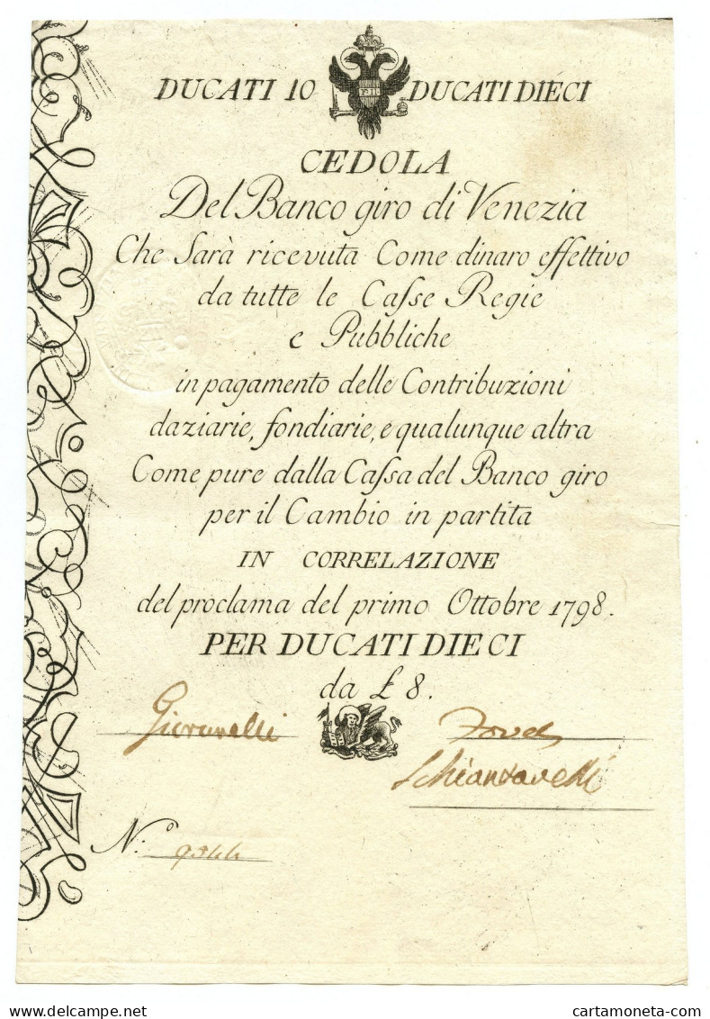 10 DUCATI CEDOLA BANCO GIRO DI VENEZIA 01/10/1798 SUP- - Otros & Sin Clasificación