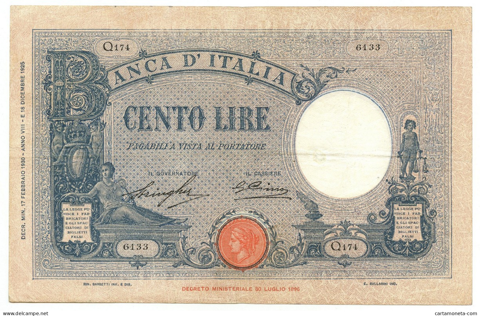 100 LIRE BARBETTI GRANDE B AZZURRO TESTINA FASCIO 17/02/1930 BB/BB+ - Regno D'Italia – Other