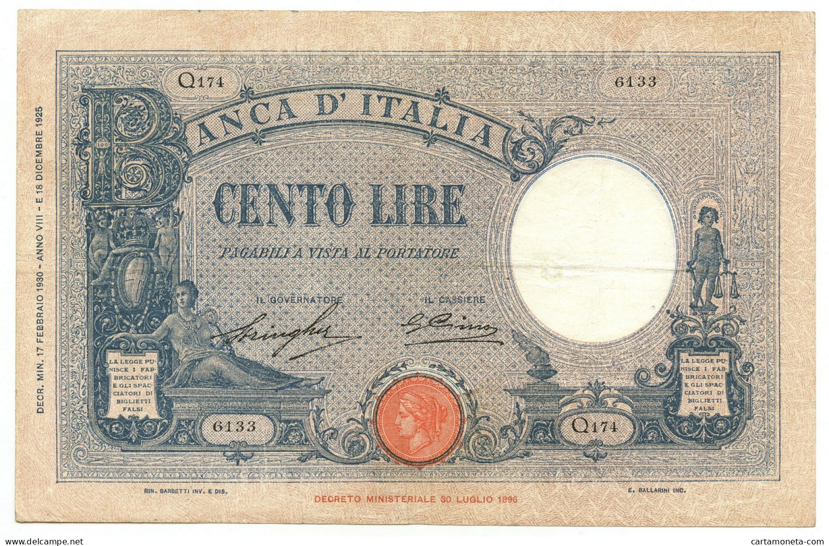 100 LIRE BARBETTI GRANDE B AZZURRO TESTINA FASCIO 17/02/1930 BB/BB+ - Otros