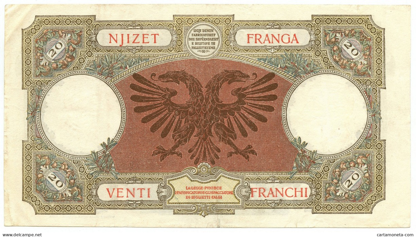 20 FRANCHI REGNO D'ITALIA E ALB. BANCA NAZIONALE D'ALBANIA GIUGNO 1939 BB/SPL - Non Classés