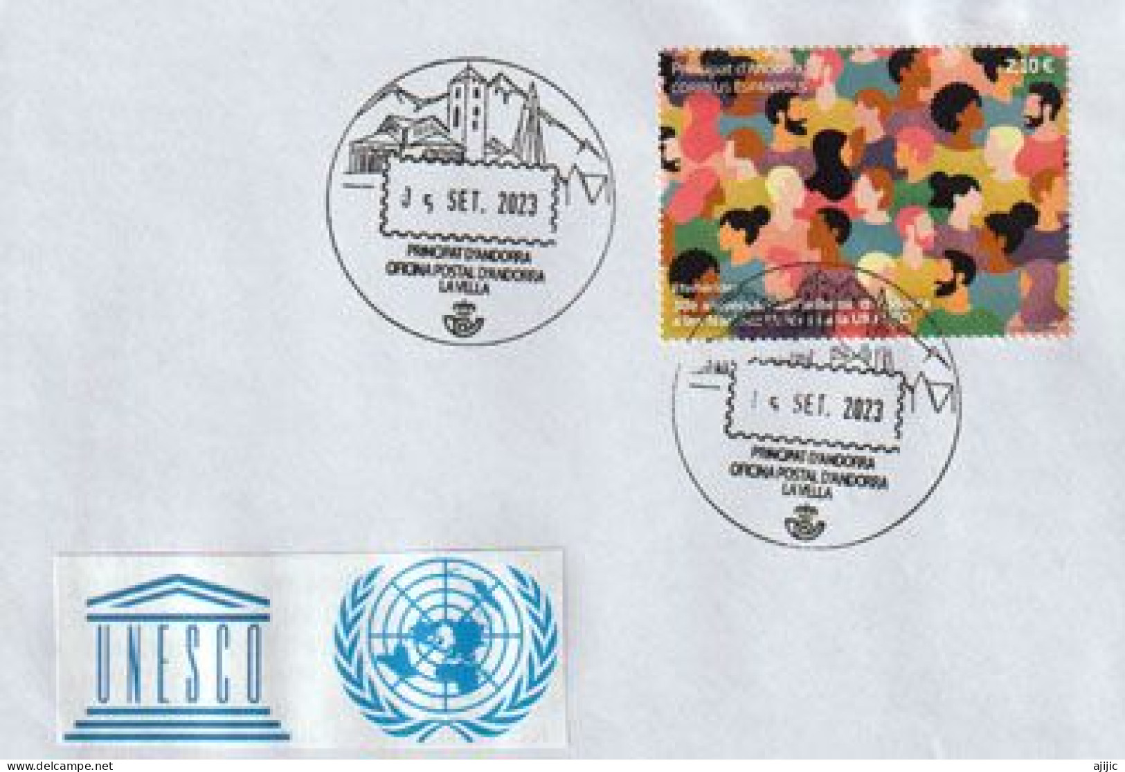 2023: 30º Aniversario De La Adhesión De Andorra A Las Naciones Unidas Y A La UNESCO. Oficina Postal De Andorra - Covers & Documents