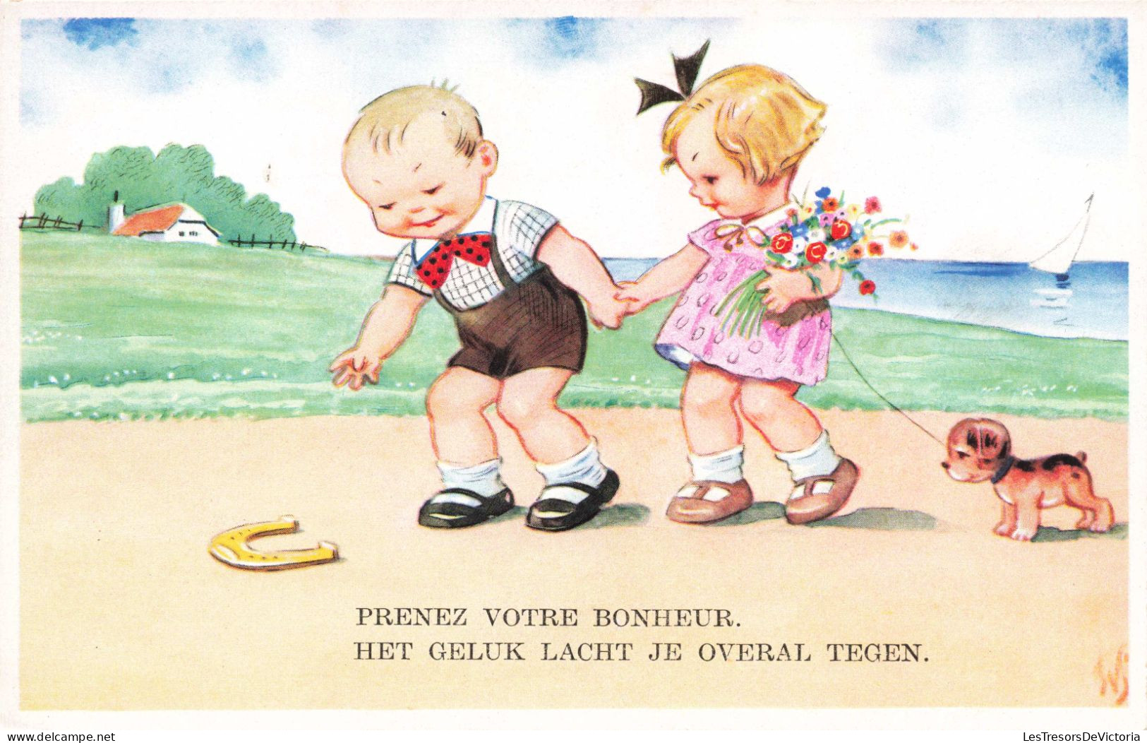 FANTAISIE - Bébés - Prenez Votre Bonheur - Deux Enfants Et Un Chien - Fer à Cheval - Carte Postale - Neonati