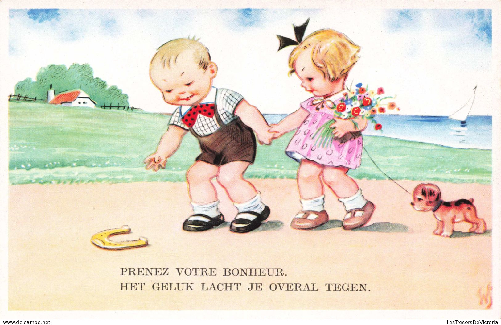 FANTAISIE - Bébés - Prenez Votre Bonheur - Deux Enfants Avec Un Chien - Fer à Cheval - Carte Postale - Bebes