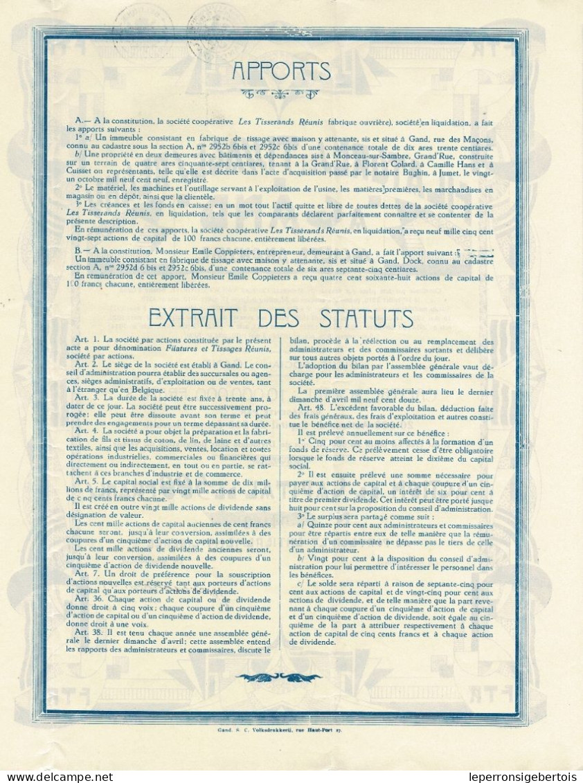 -Titre De 1930 - Filatures Et Tissages Réunis à Gand - Titre Art Déco - - Textil