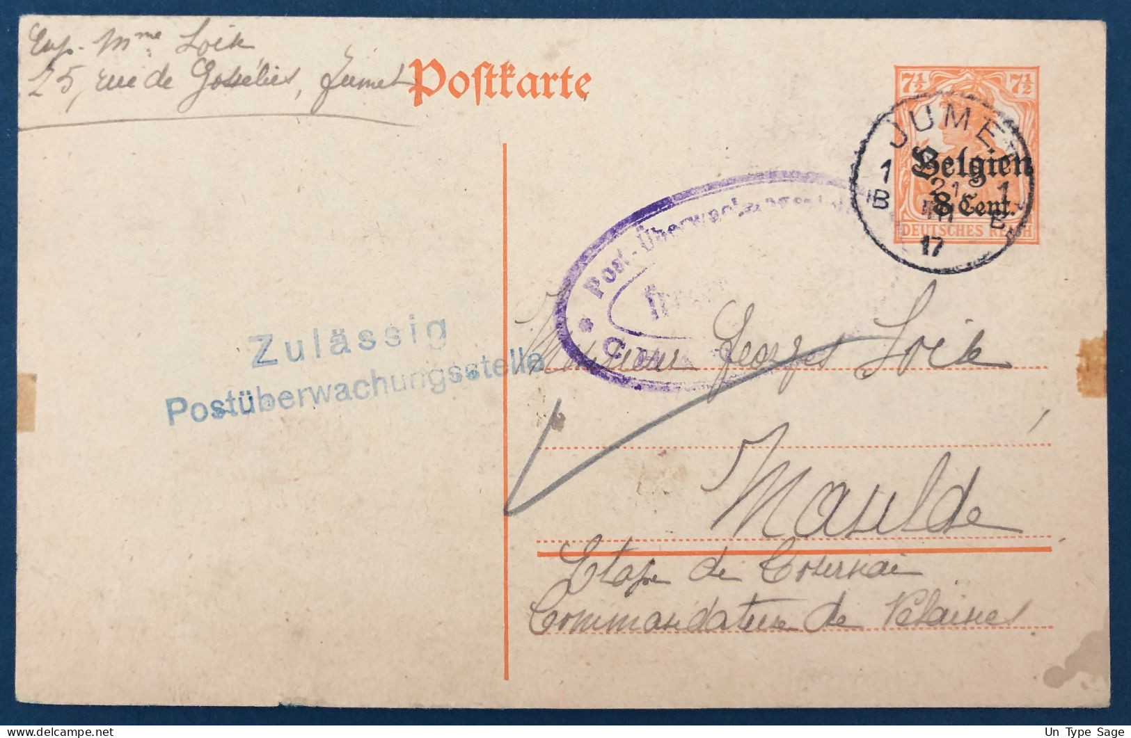 Belgique, Entier-carte (occupation) De Jumet 1917 + Censure Charleroi - (A162) - Other & Unclassified