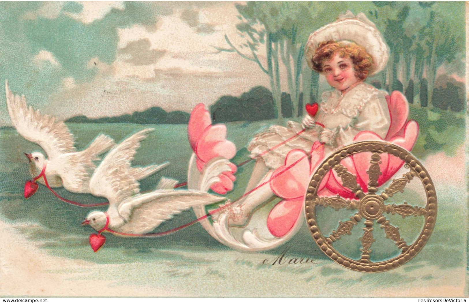 FANTAISIES - Un Enfant Tiré Sur Une Carrosse Tirée Par Deux Oiseaux - Colorisé -  Carte Postale Ancienne - Autres & Non Classés